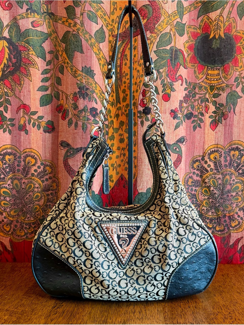 Y2K Guess Slouchy Hobo Bag Triangle Rhinestone Monogram Chain Strap